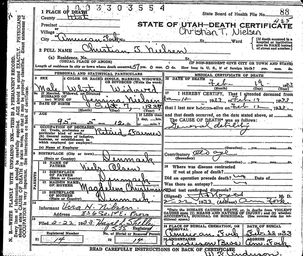 Christen T. Nielsen's Death Certificate
