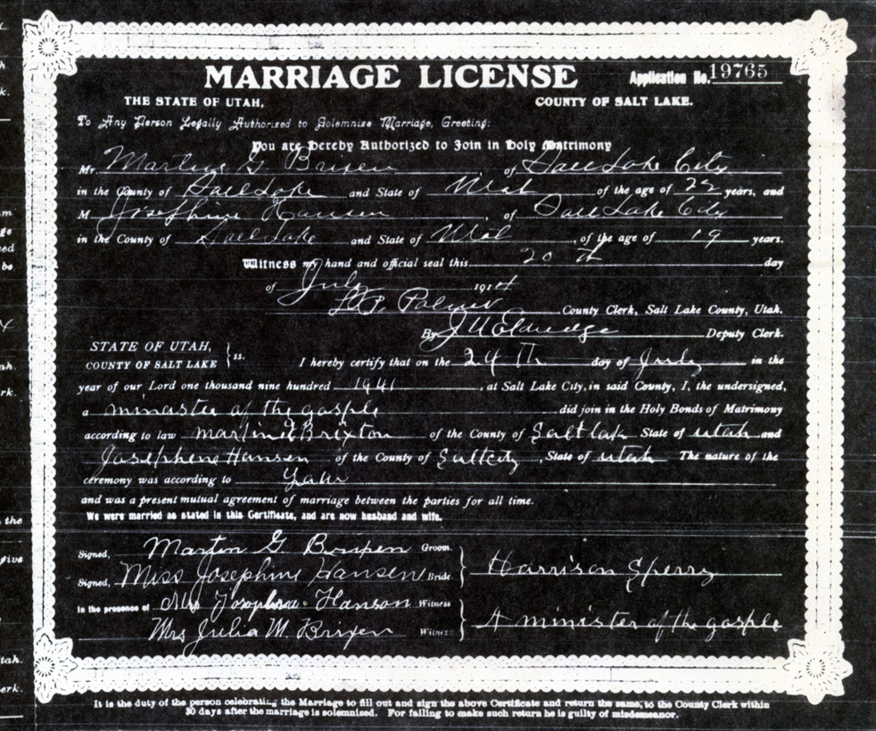 Martin and Josephine Brixen Marriage certificate